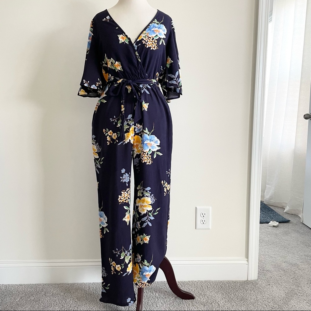 Floral Flowy Sleeve Wide Leg Jumpsuit with Waist Tie